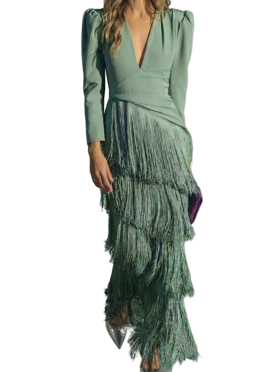 Clara · Vestido elegante con mangas de flecos